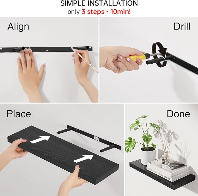 BAYKA Floating Shelves for Wall, Set of 3, 22.5 Inches Wall Mounted Rustic Wood Shelves for Bathroom, Bedroom, Living Room or Kitchen Decor, Storage for Books, Lego, Plants, Daily Necessities, Black - Image 5