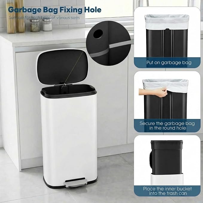 8 Gal Kitchen Trash Can, 30L Recycling or Garbage Bin, Brushed Stainless Steel Waste Basket, Soft&Quiet Close Dustbin, with Step-On Pedal, Removable Inner Bucket, for Home, Office, Living Room - Image 6