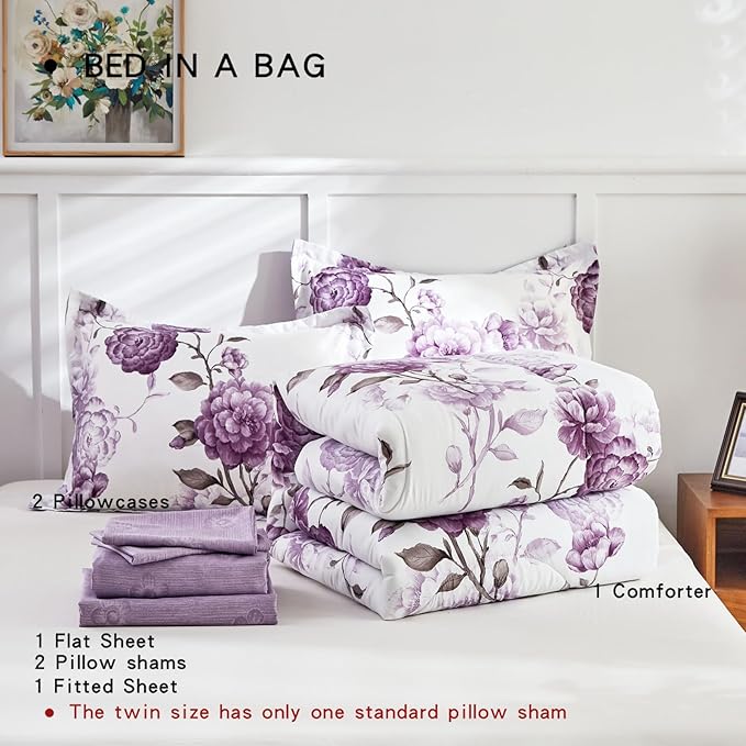 AIKASY 7-Piece King Size Bed in a Bag Comforter Set - Thistle Purple Floral Ensemble with Reversible Botanical Flowers Comforter, Sheets, Pillowcases & Shams
