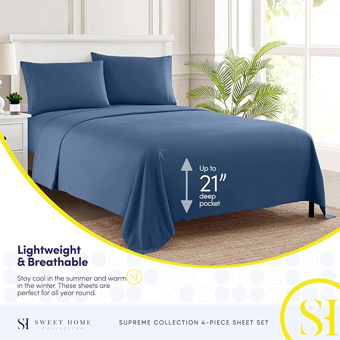 King Size Sheets - Breathable Luxury Bed Sheets with Full Elastic & Secure Corner Straps Built In - 1800 Supreme Collection Extra Soft Deep Pocket Bedding, Sheet Set, EXTRA DEEP pocket - King, Denim
