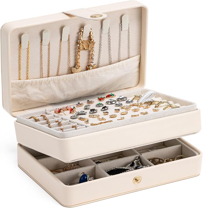 MODENGKONGJIAN Jewelry Organizer Box, 2-Layer Large Jewelry Storage Case, Portable Travel Jewelrys Display Holder for Earrings, Necklaces, Bracelets (Beige, PU Leather) by MODENGKONGJIAN
