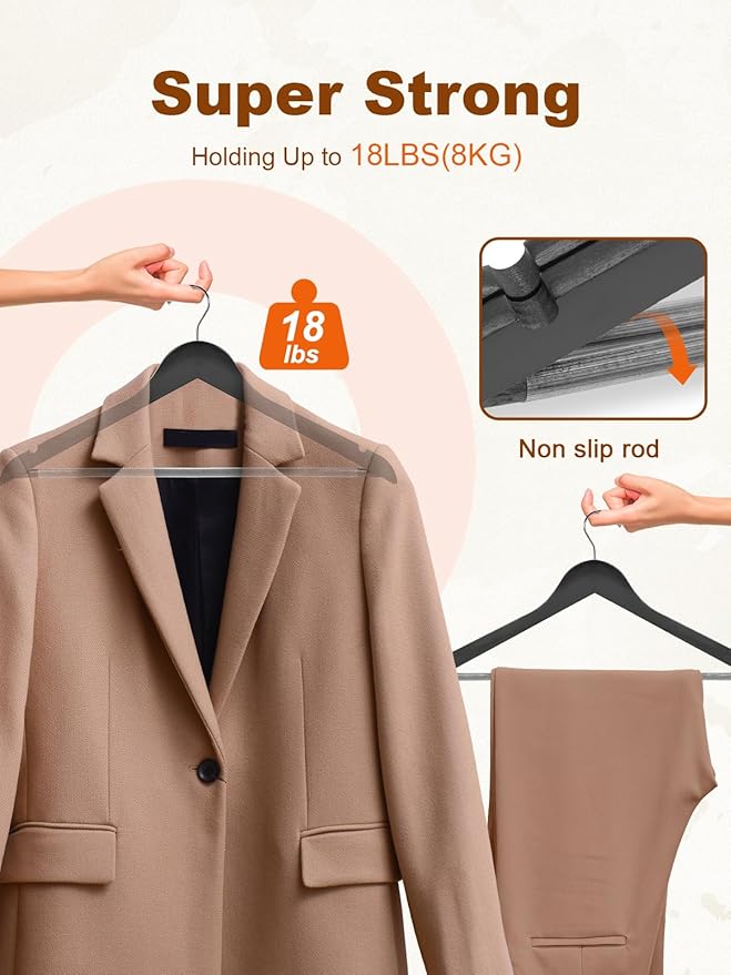 HOUSE DAY Black Wooden Hangers 10 Pack, Solid Wood Hanger with Non Slip Pant Bar, Heavy Duty Wooden Coat Hanger for Closet, Smooth Finish Wood Clothes Hangers for Shirts, Suits, Jackets, Dress - Image 3