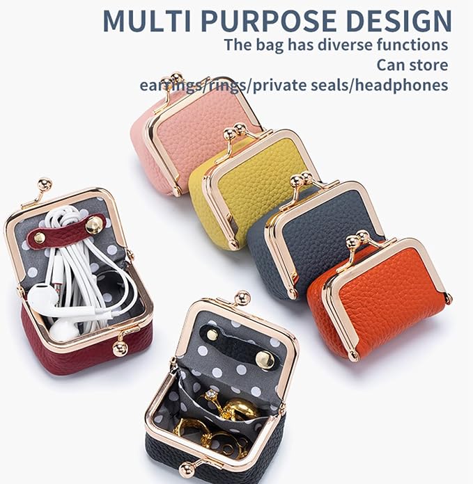 Genuine Leather Mini Jewelry Box, Portable Vintage-Inspired Genuine Leather Coin Purse Jewelry Case with Kiss Lock, Mini Travel Ring Box for Women for Earring/Ring/Necklace/Bracelet(Orange) - Image 5