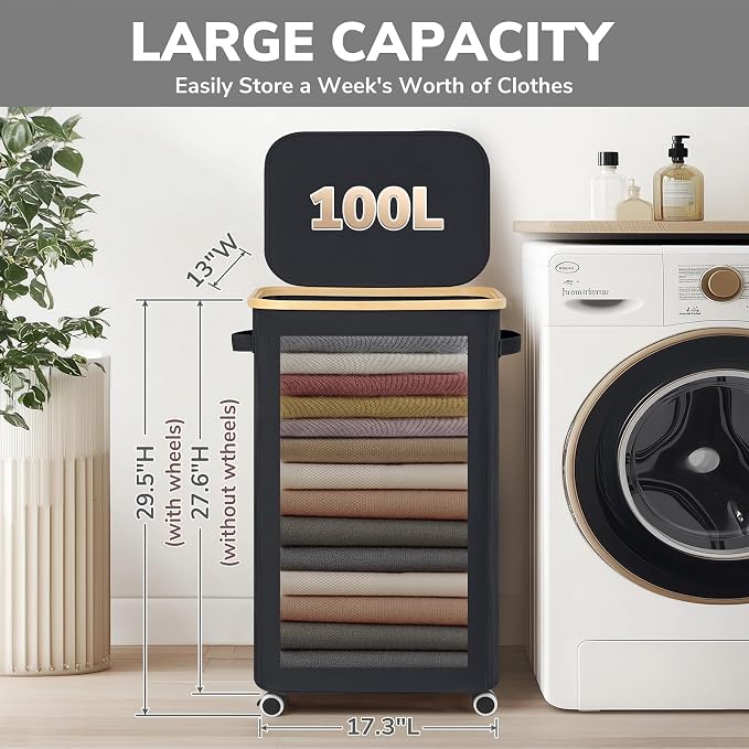 Goodpick Laundry Basket with Wheels, 100L Rolling Laundry Hamper with Lid Clothes Hampers with Removable Wash Bag Large Clothes Basket for Bedroom, Bathroom, Black - Image 3