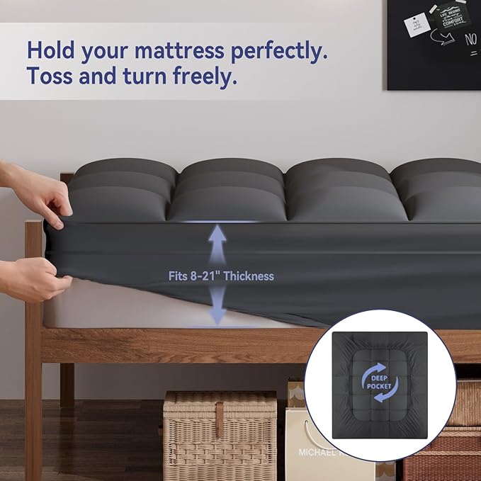 ELEMUSE Twin XL Grey Mattress Topper for College Dorm Room Essentials, Extra Long Twin Mattress Pad for Back Pain Relief, Plush Pillowtop with Elastic Deep Pocket, Overfilled Down Alternative Filling