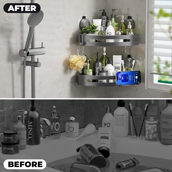 ONXE Shower Caddy Corner,Suction Cup Shower Caddy with Hooks,No Drilling Rustproof Aluminum Bathroom Organizers and Storage,Shelves for Bathroom Accessories Decor (1) - Image 3