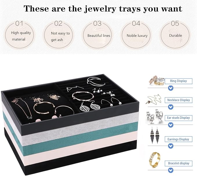 Large Velvet Jewelry Tray, Drawer Organizer for Jewelry in Dresser, Stackable Jewelry Drawer Organizer Inserts for Earring Necklace Bracelet Rings(Beige,24grid) - Image 5