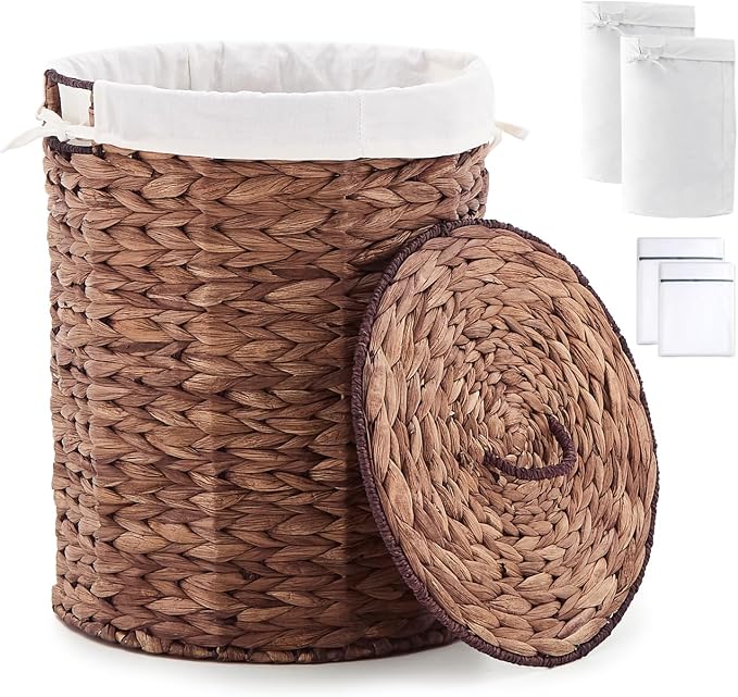 Round Water Hyacinth Laundry Hamper with Lid Handwoven Wicker Basket with Handles for Dirty Clothes, Storage, and Organization, No Assembly Required, 40L by LGENHOOMHandwovenNaturalWaterHyacinthBasket