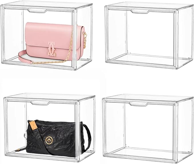 Clear Stackable Plastic Storage Bins with Magnetic Attraction Lid, Acrylic Box Display Case Showcase for Cosmetic, Large Figures Collectibles (4 Pack, X-Large) by LXLXXL