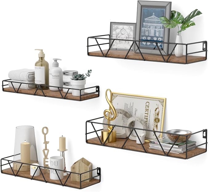 Amaoot Floating Shelves Set of 4, Home Wood Wall Shelf, Farmhouse Shelf for Bedroom, Wall Mounted Floating Shelf for Living Room, Bedroom, Bathroom, Kitchen, Office (Brown) by Amoot