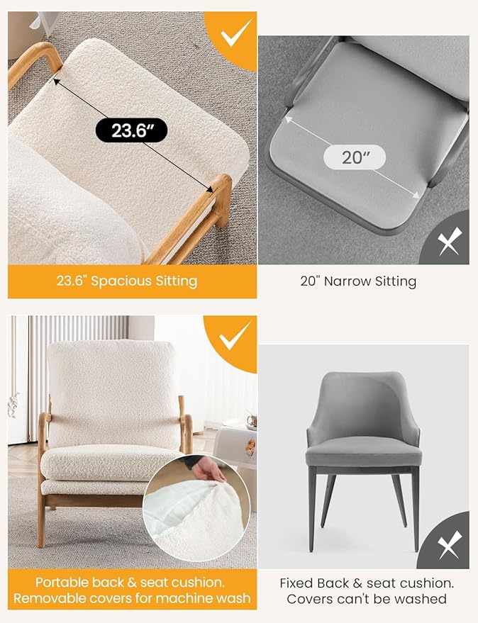 Mixcous Mid Century Modern Accent Chairs for Living Room, 23” Wide Comfy Chair for Bedroom, Small Cozy Sherpa Reading Chairs for Adults, 108° Lounge Arm Chair with Detachable Cover, 5.5" Foam Cushion