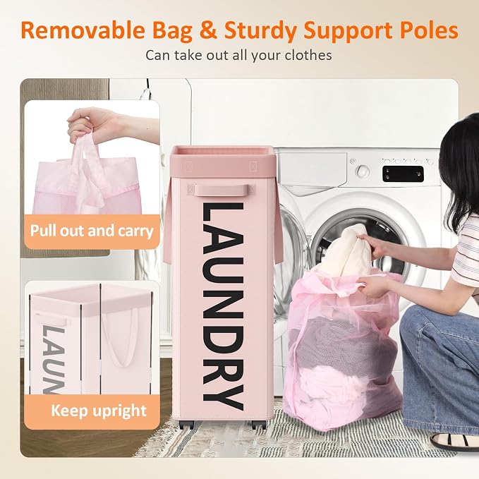 Optish Pink Laundry Basket with Wheels, Dorm Room Essentials for Girls, 90L Rolling Laundry Hamper with Wheels and Removable Mesh Bag for Clothes, Bedroom, Bathroom, College - Image 6