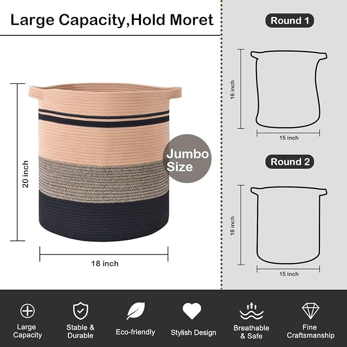 OIAHOMY 80L Laundry Baskets-Laundry Hamper,Storage Basket with Handles,Decorative Basket for Living room,Woven Storage Basket for Toys Bin,Pillows, Blankets,Clothes-20x18in-Yellow Black - Image 3