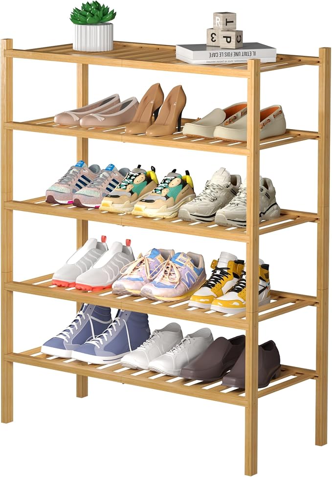 ROMGUAR CRAFT 5 Tier Bamboo Shoe Rack for Closet Free Standing Wood Shoe Shelf for Entryway Small Space Stackable 27"x11"x33" (Natural) by ROMGUAR+CRAFT