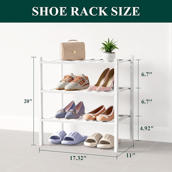 Smiry Bamboo Shoe Rack for Closet, 3 Tier Small Wooden Stackable Shoe Organizer, Free Standing Shoes Storage Shelf for Entryway, Front Door Entrance, White - Image 2
