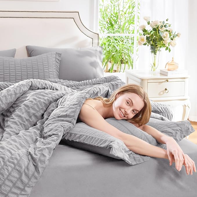 CozyLux King Size Comforter Set Grey Seersucker 7 Pieces Bed in a Bag King Comforter Set with Sheets, Gray Luxury Soft Bedding Sets with Down Alternative Comforter, Sheets, Pillowcases & Shams