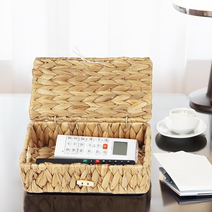 Small Basket with Lid, Wicker Storage Basket for Organizing, Rectangular Woven Basket for Storage, Water Hyacinth Decorative Boxes Bins with Lids (9" x 5.1" x 3") - Image 7