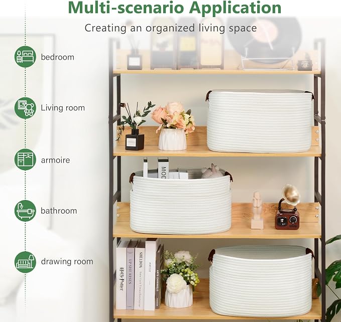 ECDYQXVU Cotton Rope Basket, Storage Baskets with Handle, 15x10x9 Inch Woven Basket for Shelves, Laundry, Towels, Clothes, Books (White 2Pack) - Image 6