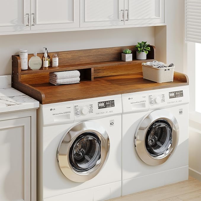 2-Tier Washer Dryer Countertop with 2.75" H Edge Rails, 58" W x 28" D Laundry Countertop for Folding Clothes, Washer and Dryer Topper with Non-Slip Pad (Brown) - Image 6