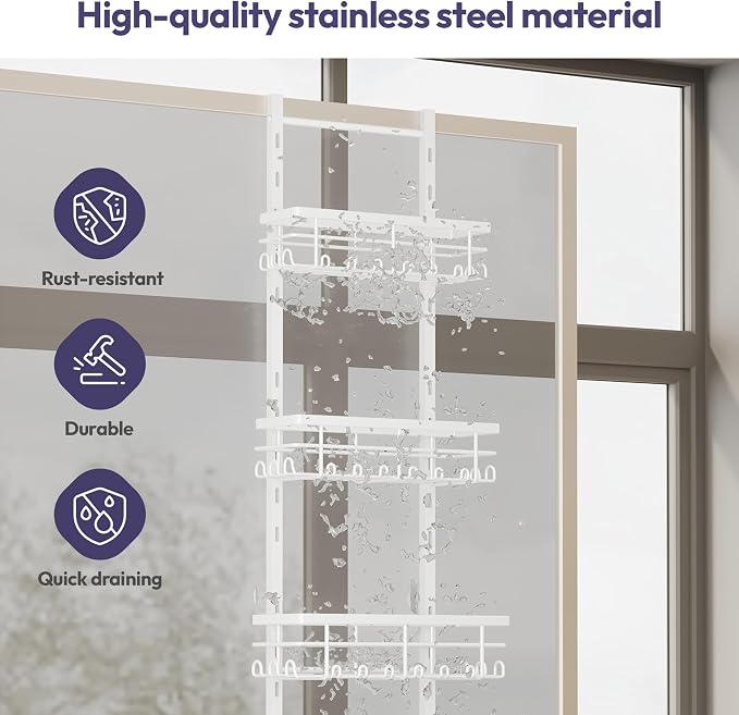 SWTYMIKI Over The Door Shower Caddy - 4 Tier Rustproof Hanging Shower Organizer with Adjustable Shelves, 40 Hooks & Soap Holder, Hanging Shower Rack Storage for Bathroom Accessories, White - Image 5