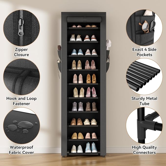 ROJASOP Shoe Rack with Covers 10 Tier Large Shoe Organizer Tall Shoe Closet Storage for 20-22 Pairs Shoe and Boot, Free Standing Shoe Rack Organizer for Closet, Entryway, Bedroom, Black - Image 4