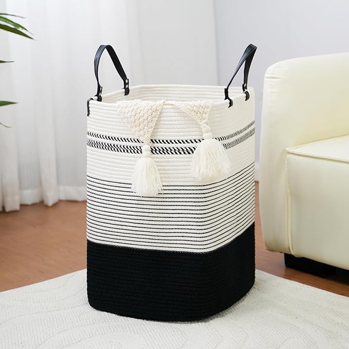 danpinera 75L Woven Laundry Hamper with Long Leather Handles, Baby Laundry Basket for Nursery, Tall Hampers for Bedroom Aesthetic, Decorative Clothes Storage Basket for Family White & Black by danpinera