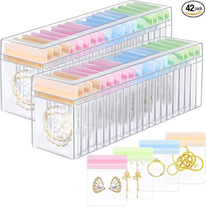 Kenning 42 Pcs Acrylic Jewelry Case Organizer, Clear Jewelry Organizers Holder with Portable Anti Tarnish Storage Bags for Rings, Earrings, Necklaces, Ideal Gifts for Women (Four Color Mixture) by Kenning