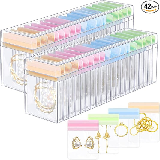 Kenning 42 Pcs Acrylic Jewelry Case Organizer, Clear Jewelry Organizers Holder with Portable Anti Tarnish Storage Bags for Rings, Earrings, Necklaces, Ideal Gifts for Women (Four Color Mixture) by Kenning