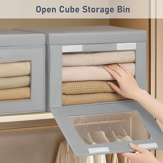 DIMJ Storage Bins with Lids - 5 Pack Large Fabric Closet Organizer with Window & Handles, Collapsible Decorative Storage Boxes for Shelves Under Bed, Books Clothes Blankets Sweaters Organization - Image 2