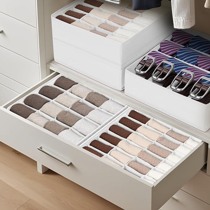 Joyoldelf Drawer Organizer 4 Pack - 2 x 24 Cell + 2 x 16 Cell Closet Organizers and Storage Dividers for Socks, Handkerchiefs, Ties, Belts (White) - Image 4
