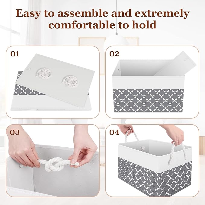 Fab totes Storage Bins [2-Pack], Foldable Storage Baskets for Organizing Toys, Books, Shelves, Closet, Large Storage Box with Rope Handles, Sturdy Organizer Bins,Clover Grey - Image 5