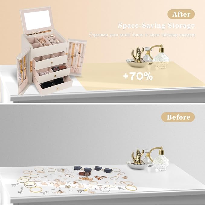 Dajasan Large Jewelry Box Organizer, Jewelry Storage Organizer with 3 Drawers, Huge Jewelry Box with Mirror for Women Girls, Double Door, Textured PU Leather, Gift Idea, Stylish (Beige + Gold) - Image 7