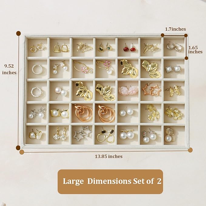 Large Velvet Jewelry Tray 2 Pack Stackable Jewelry Display Drawer Inserts Trays Organizer for Earring Bracelet Necklace Ring (Beige, 35 Grids) - Image 4