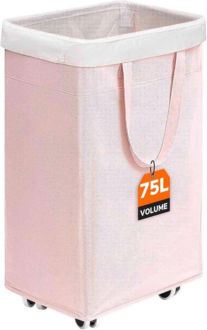 CHICVITA Slim Laundry Hamper with Wheels 75L, Collapsible Rolling Laundry Basket for Living Room, Pink Laundry Hamper for College Dorm by CHICVITA