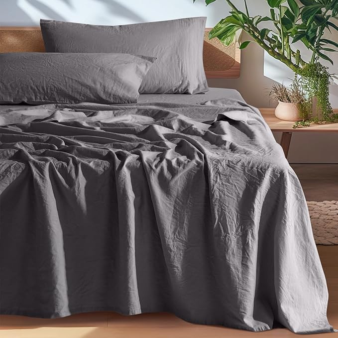SONORO KATE 100% French Pure Linen Sheets, Breathable and Durable Linen King Size Sheets, Anti-Tear Linen Bed Sheets, Machine Washable, 16 Inch Deep Pocket - 4 Piece (Dark Grey, King)