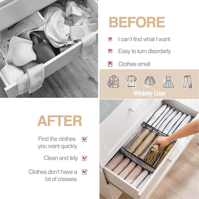 Wardrobe Clothes Organizer, 7 Grids Washable Portable Closet Organizer Mesh Separation Storage Box Foldable Closet Drawer Organizer for Underwear, Socks, Scarves, Jeans (Grey, 2 Jeans Grid) - Image 5