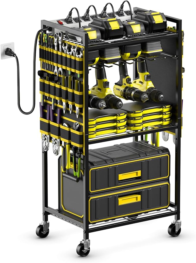 JUNNUJ Large Power Tool Organizer Cart with Charging Station, Garage Floor Standing Rolling Drill and Tools Battery Storage Cart on Wheels, Heavy Duty Rack Shelf with 8 Outlet Power Strip, Yellow by JUNNUJHome