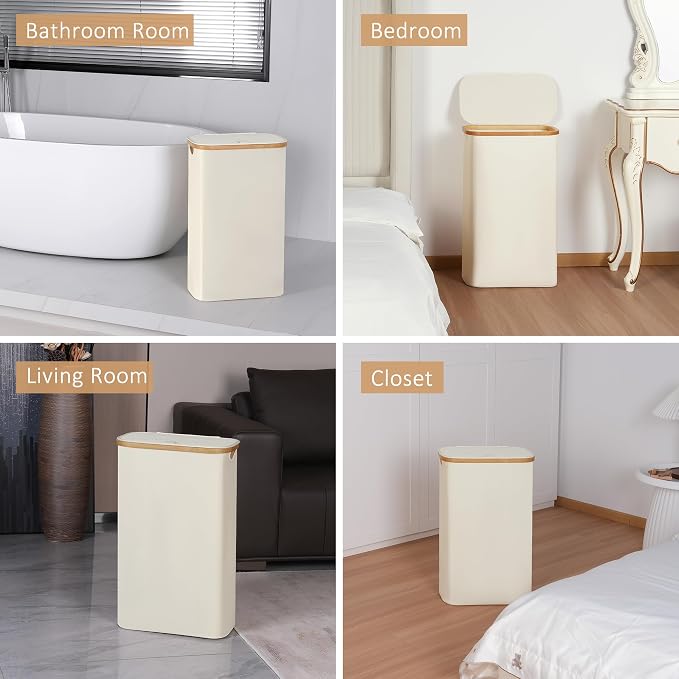 iEGrow 65L Slim Laundry Hamper, Narrow Laundry Basket with Lid,Foldable Clothes Hamper with Bamboo Handles,Hamper Basket with Removable Inner Bag for Laundry Room Bedroom College Dorm,17.17 Gals Beige - Image 7