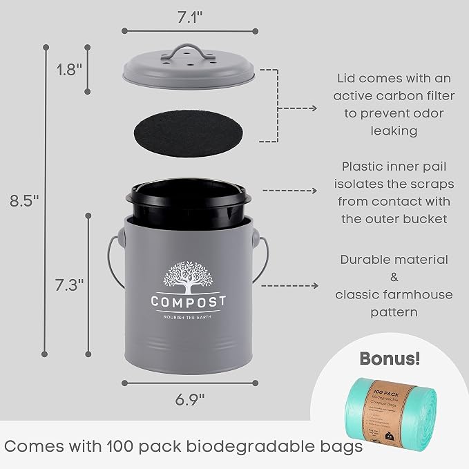 Perfnique Kitchen Compost Bin, 1.3 Gallon Countertop Compost Bin with Lid, Indoor Compost Bucket Includes Inner Bucket Liner and Carbon Filter, Small Compost Bin with Trash Bags (with Bags, Grey) - Image 2