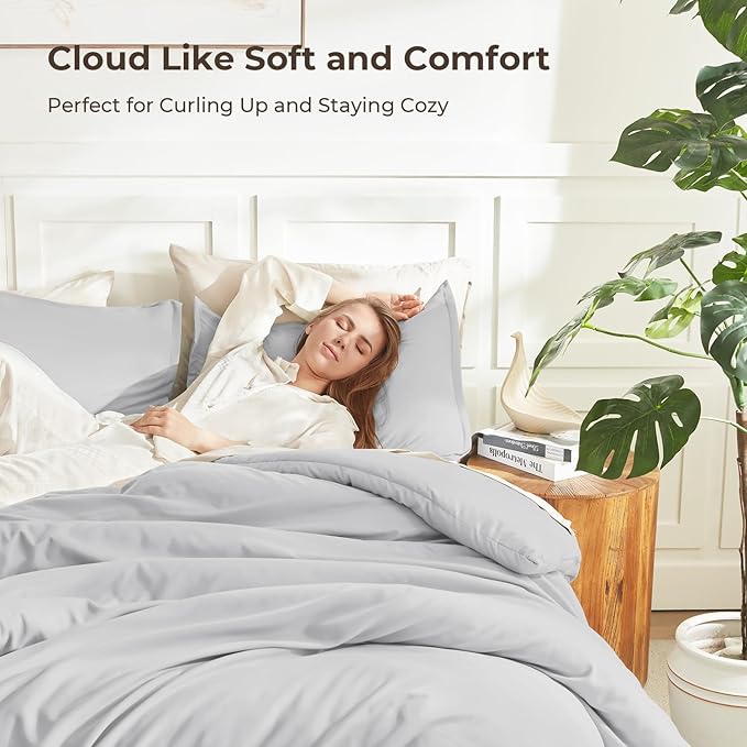 Litanika Light Grey Twin/Twin XL Comforter Set, 2 Pieces Lightweight Solid Bedding Comforter Set, All Season Fluffy Bed Set (66x90In Comforter & 1 Pillowcase)