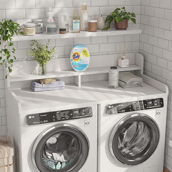 2-Tier Washer Dryer Countertop with 2.75" H Edge Rails, 58" W x 28" D Laundry Countertop for Folding Clothes, Washer and Dryer Topper with Non-Slip Pad (White) - Image 2