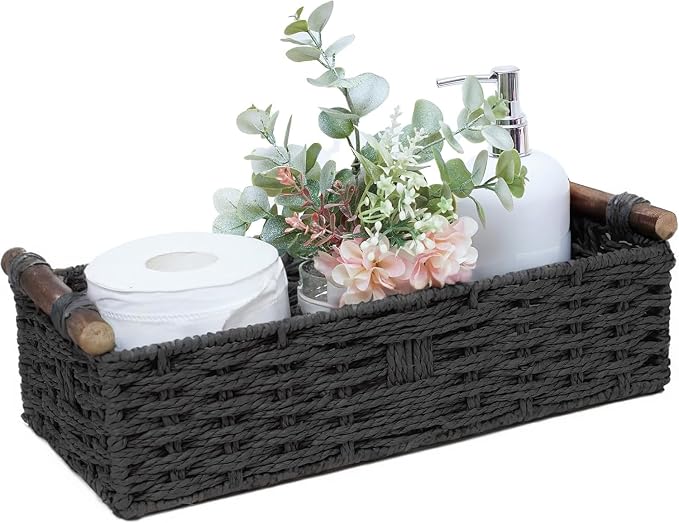 Round Paper Rope Storage Basket Wicker Baskets for Organizing with Handle Decorative Storage Bins for Countertop Toilet Paper Basket for Toilet Tank Top Small Baskets Set,Black by STOBSK
