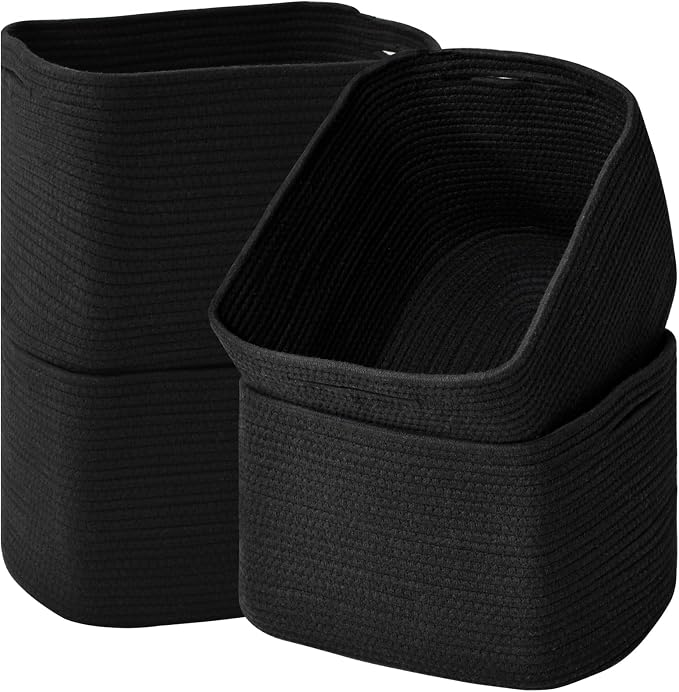ICERZCZ Storage Baskets for Organizing & Shelves, Woven Cotton Rope Organization Bins for Dog Toys, Clothes, Books, Nursery Organizer, 15" Lx11''Wx9.5''H, (4 Packs) Black by ICERZCZ