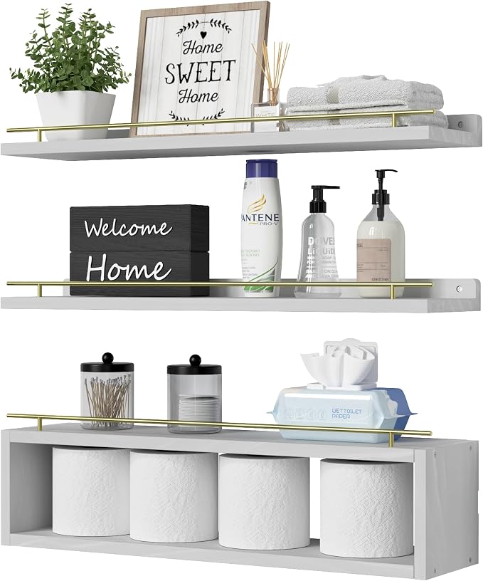 WOPITUES Floating Shelves for Wall 24 inch with Cube Shelf, Wall Shelves with Metal Rail for Decor, Bathroom Organizers and Storage, Over Toilet Shelves for Bathroom, Toilet Paper-White&Gold by WOPITUESOfficial