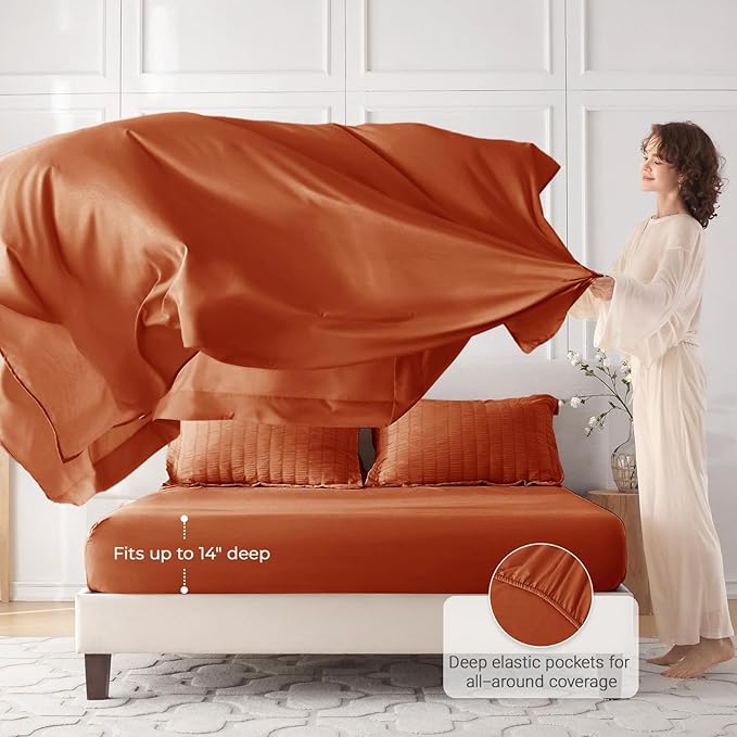 MUXHOMO 7 Pieces California King Comforter Set, Seersucker Bed in a Bag Cal King Size, All Season Luxury Bedding Set with Comforter, Flat Sheet, Fitted Sheet, Pillowcases & Shams, Burnt Orange