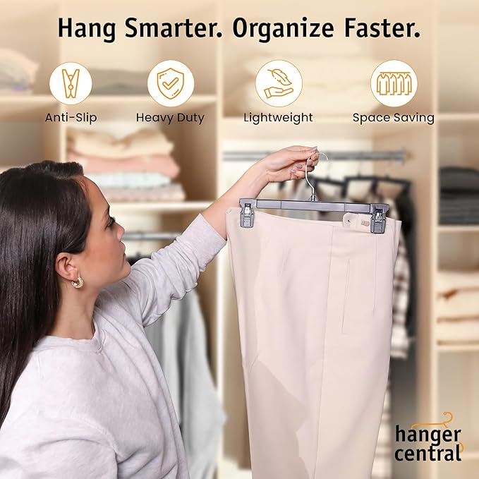 Hanger Central 12 Pack Pants Hangers – 12 Inch Slim Plastic Clothes Hangers with Clips for Skirts, Pants, Shorts – Space Saving Heavy Duty Closet Organizer with Non Slip Grip & Swivel Hook – Black - Image 2