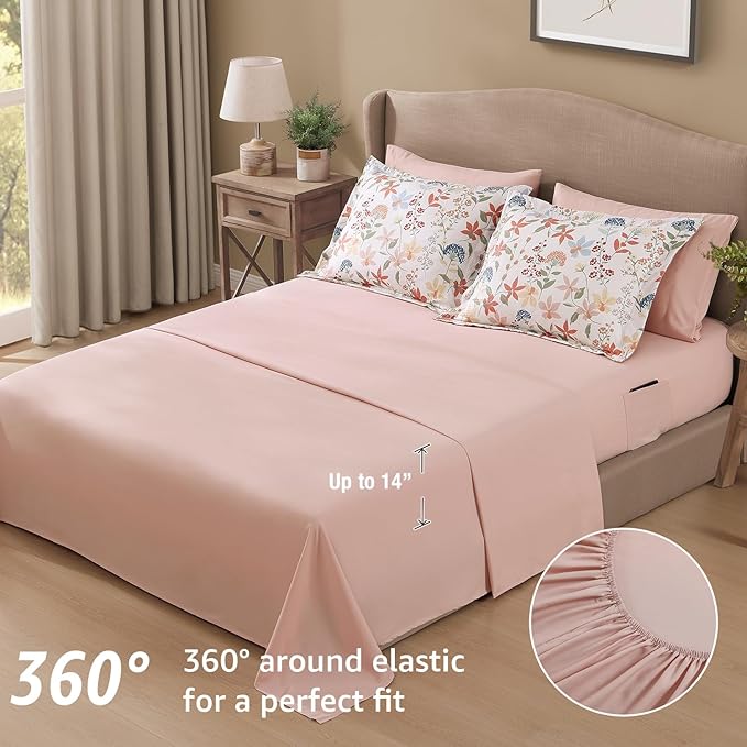 CASAAGUSTO Full Comforter Set, 7 PCS Clay Pink Floral Comforter Set with Flowers Leaves Pattern, Soft Seersucker Design All Season Full Size Bedding Set(80"X90")