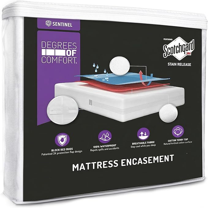 Degrees of Comfort Bed Bug Mattress Cover Queen Size - 9-12" Standard Profile 3M Scotchgard Waterproof Zippered Encasement Protector, Breathable Cotton Terry Top