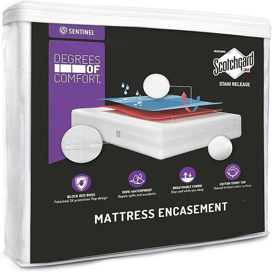 Degrees of Comfort Bed Bug Mattress Cover Queen Size - 9-12" Standard Profile 3M Scotchgard Waterproof Zippered Encasement Protector, Breathable Cotton Terry Top