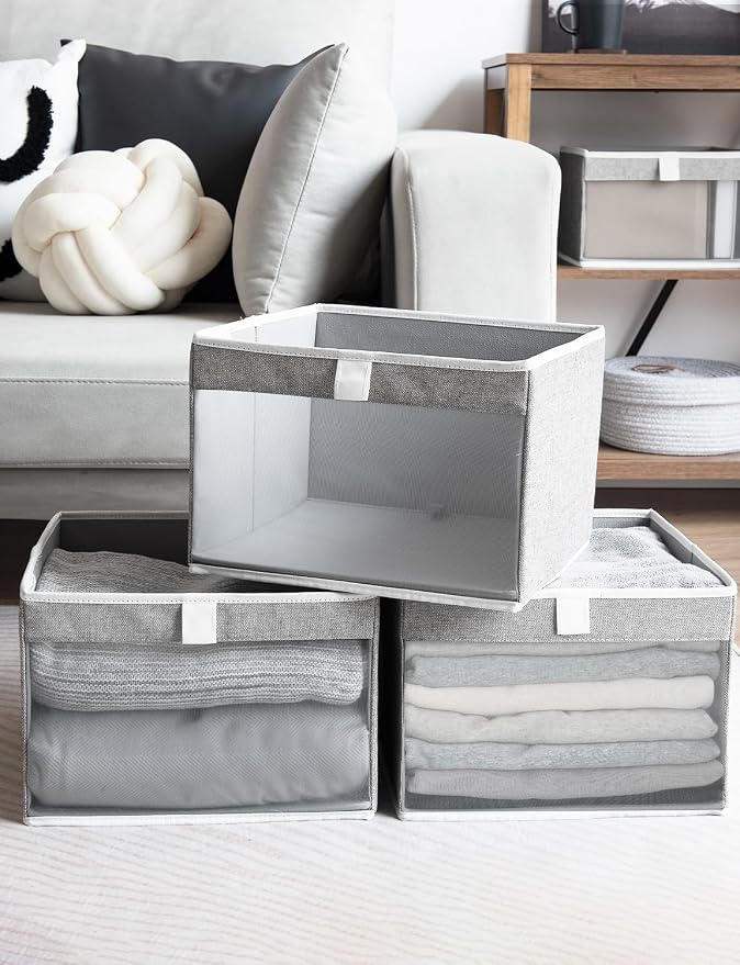 StorageWorks Closet Storage Bins, Large Storage Baskets with Clear Window and Handles, Foldable Fabric Organizer for Clothes, Shelves, Gray, 3 Pack - Image 6